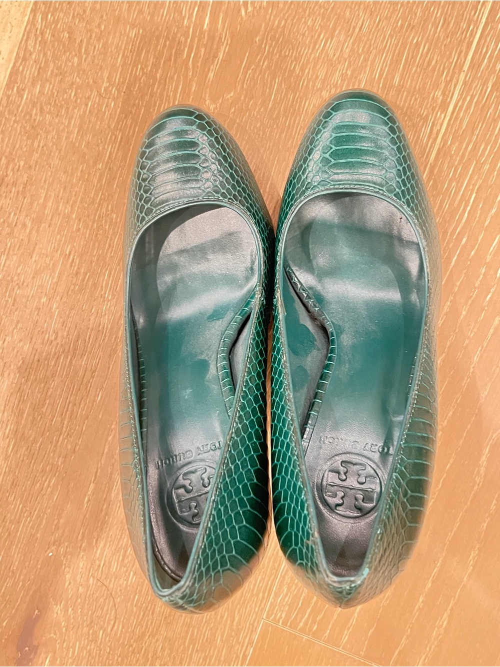Tory Burch Emerald Green Snake-Embossed Leather Ballet Flats